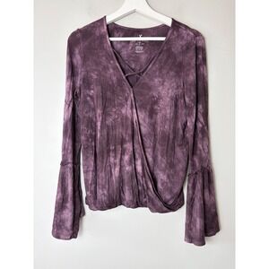 American Eagle Soft & Sexy Purple Tie Dye Wrap Front Bell Sleeve Top Womens M